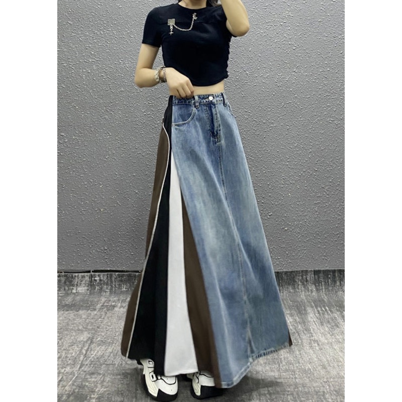 Stylish Blue Pockets Striped Patchwork Denim Skirts Spring