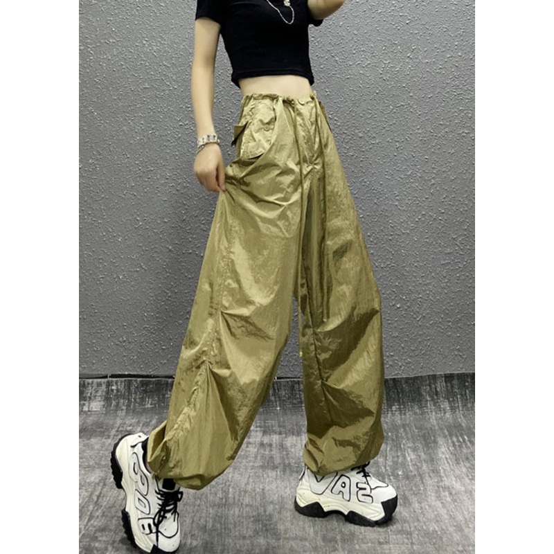 Women Khaki Pockets Patchwork Drawstring Beam Pants Summer