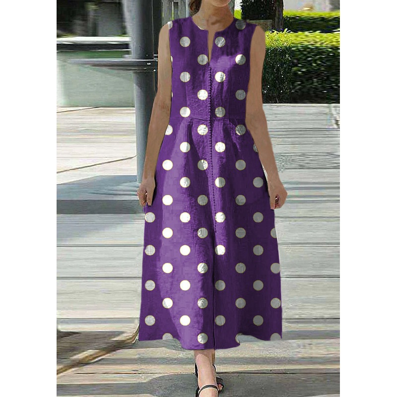 Women Solid Purple polka dots Sleeveless V-Neck Back Zipper Pocket Dress