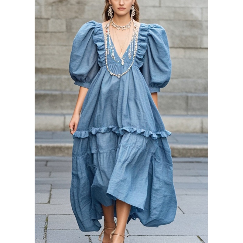 Art Blue Ruffled Cotton Maxi Dress Puff Sleeve