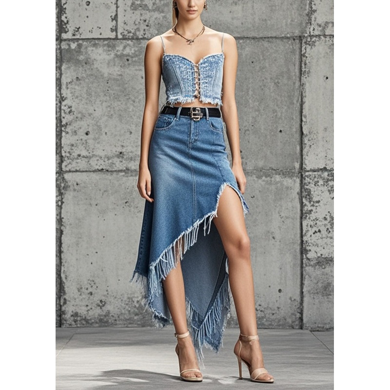 Asymmetrical Design Blue Tasseled Side Open Denim Skirts Spring