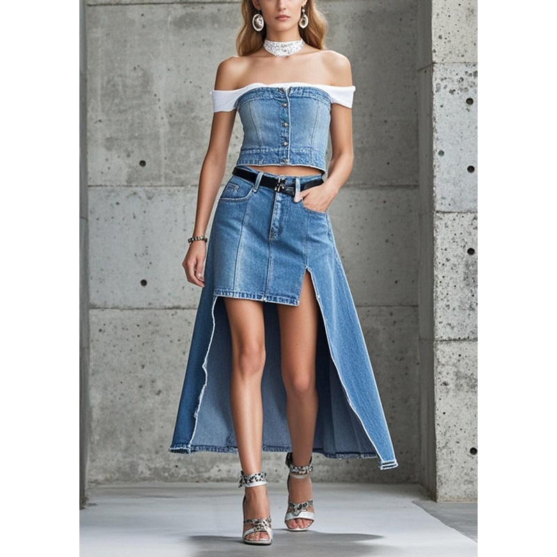 Beautiful Light Blue Asymmetrical Side Open Denim Skirt Summer