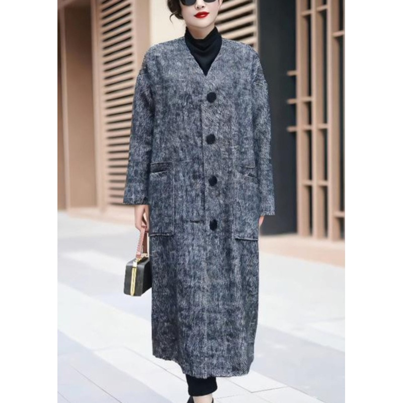 Black Button Pockets Woolen Long Coat V Neck Winter