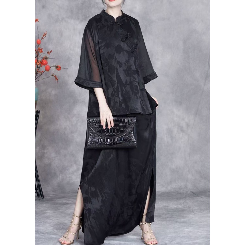 Black Jacquard Side Open Silk Two Piece Suit Set Stand Collar Half Sleeve