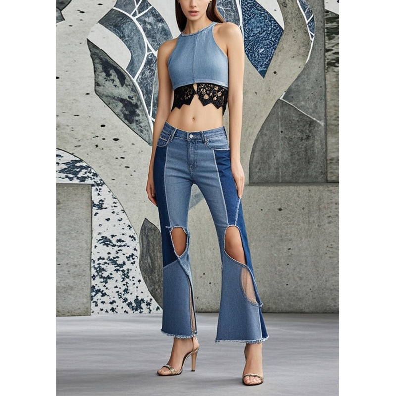 Blue Patchwork Denim Bell-bottom Pants Hollow Out Spring
