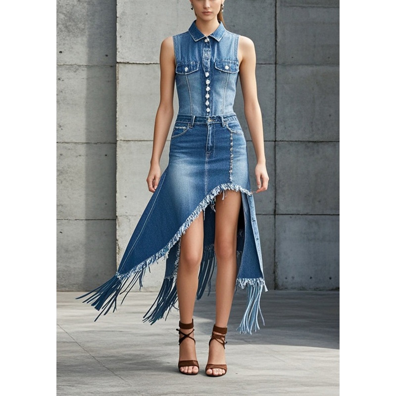 Boutique Blue Asymmetrical Design Tasseled Denim Skirt Spring