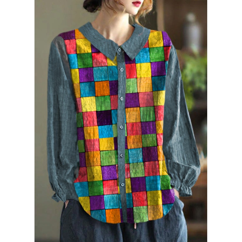 Casual Blue grid Button Peter Pan Collar dot Print Shirt Top lantern sleeve