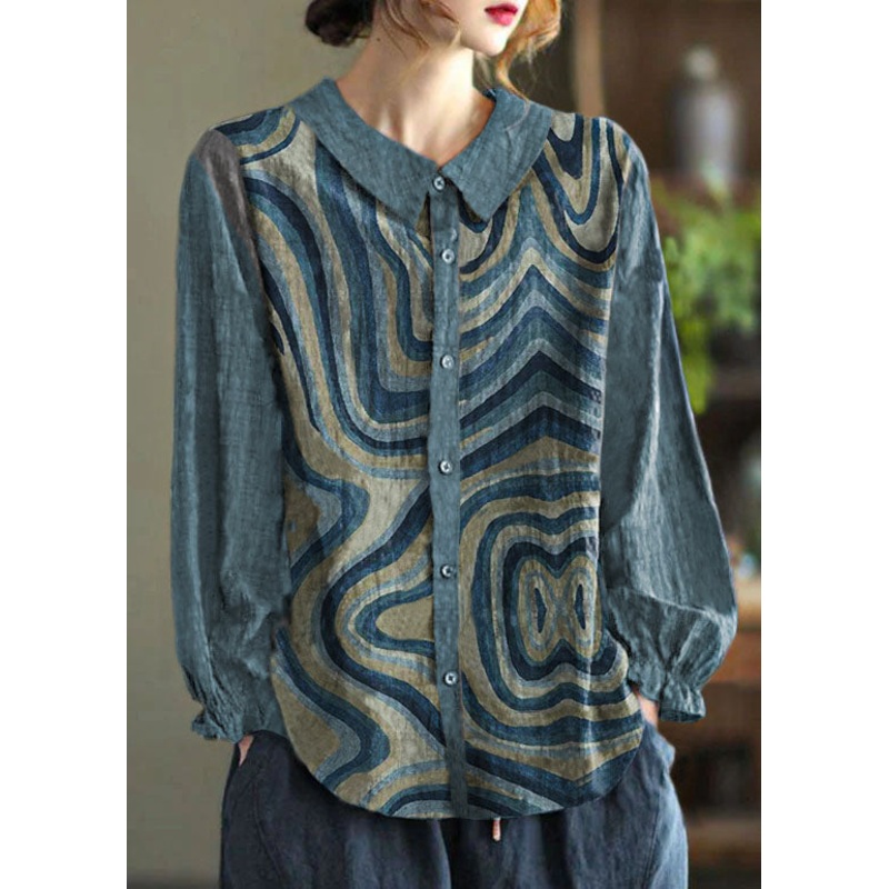 Casual Blue texture Button Peter Pan Collar dot Print Shirt Top lantern sleeve