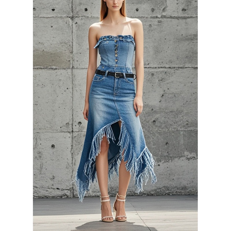 Chic Blue Asymmetrical Patchwork Tasseled Denim Skirts Spring