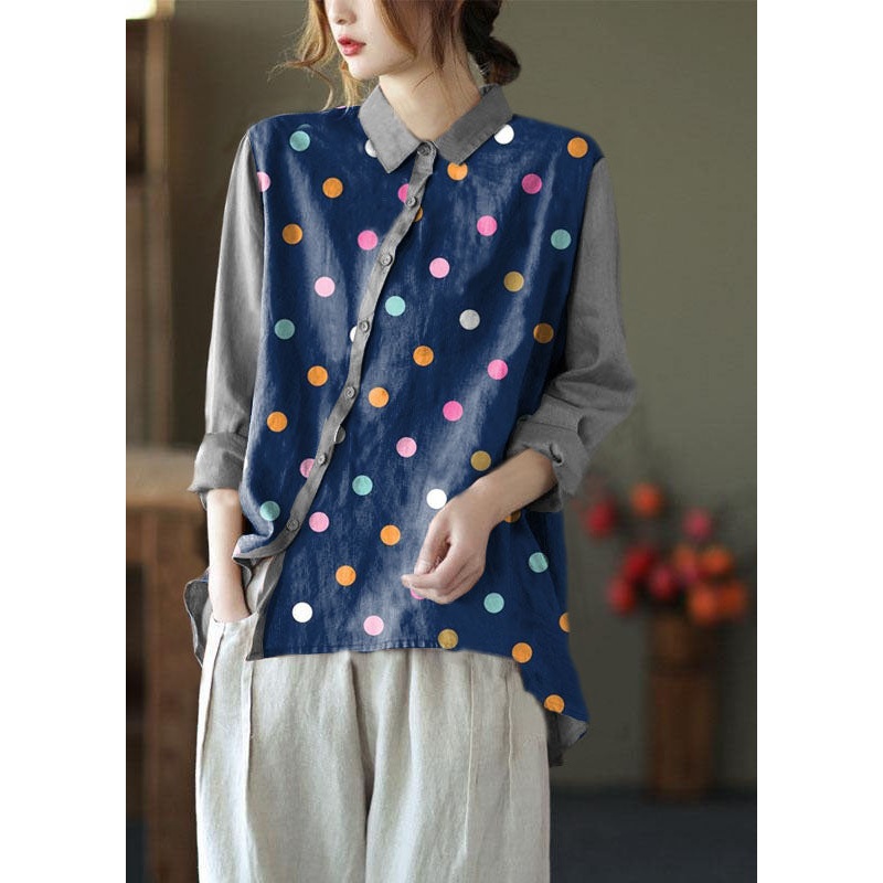 Chic Blue dots Peter Pan Collar Button Spring Asymmetrical Design Top Long Sleeve