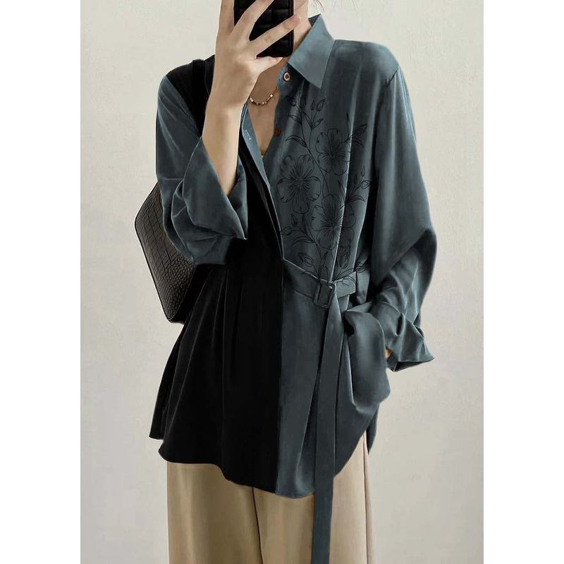 Chic Blue Flowers dots Peter Pan Collar Lace Up Loose Shirt Top Spring