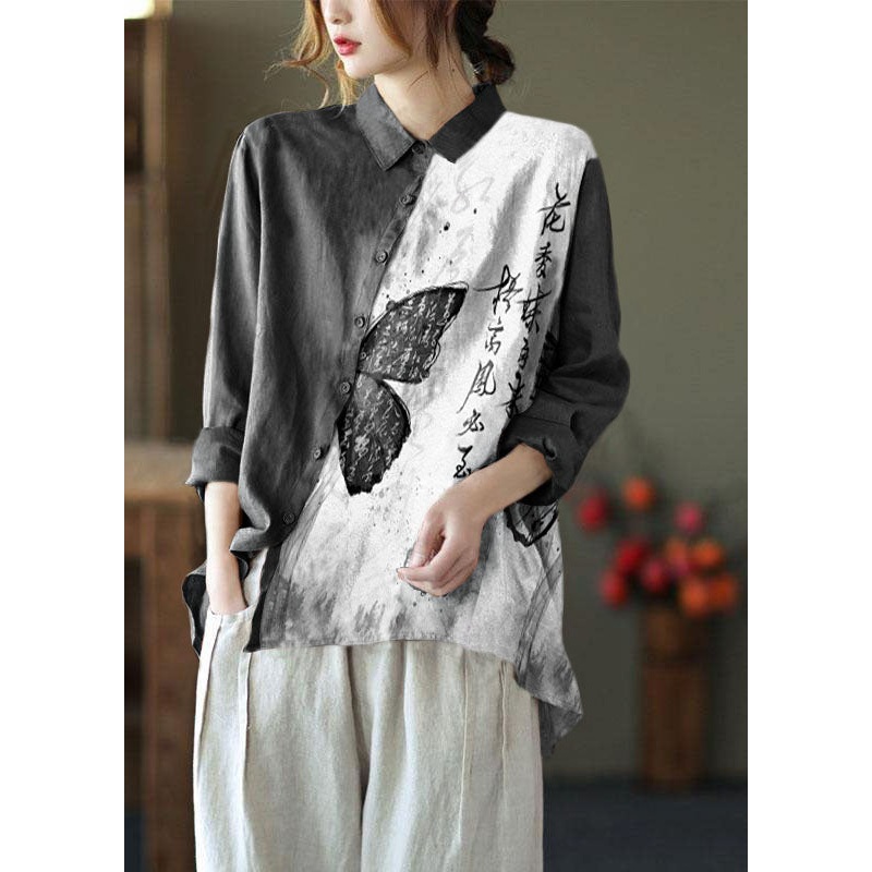 Chic Gray Text Peter Pan Collar Button Spring Asymmetrical Design Top Long Sleeve