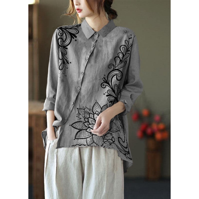 Chic Grey Flowers Peter Pan Collar Button Spring Asymmetrical Design Top Long Sleeve