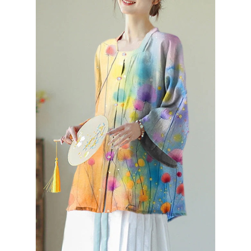 Chinese Style Blue Flowers Patchwork Square Collar Silk Linen Top Spring