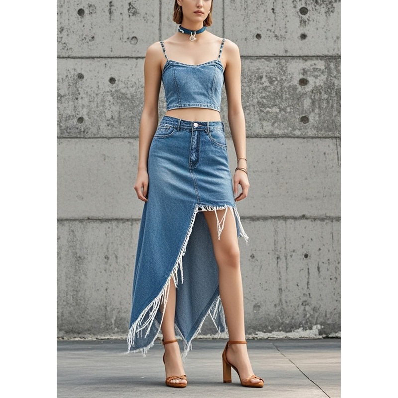 Classy Blue Asymmetrical Design Denim Skirts Spring