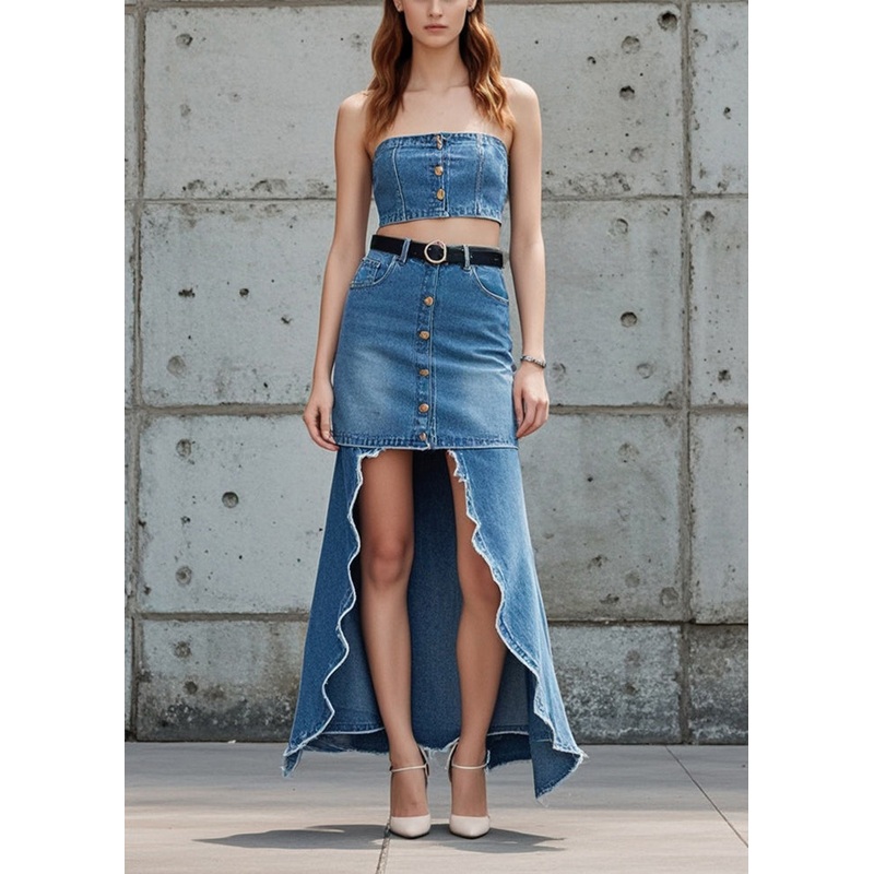 Fashion Blue Low High Design Patchwork Denim Skirts Spring