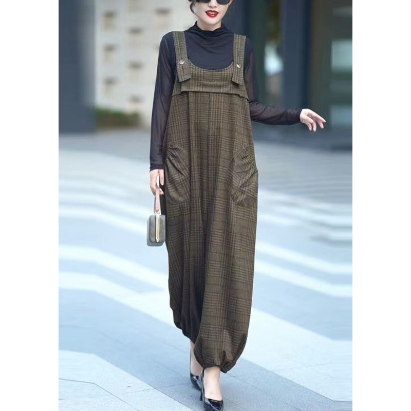 New Green Plaid Button Pockets Cotton Jumpsuits Sleeveless