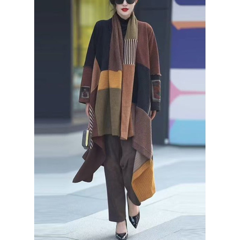 Original Design Coffee V Neck Patchwork Cotton Cardigans Winter