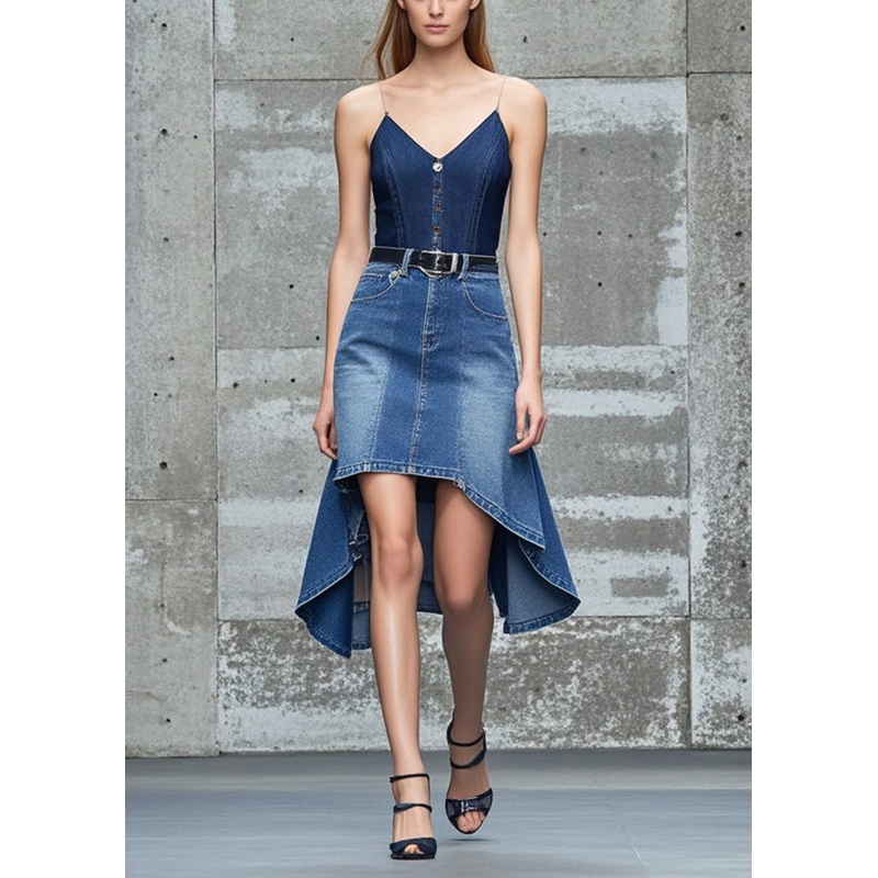 Plus Size Navy Asymmetrical Design Denim Skirt Summer