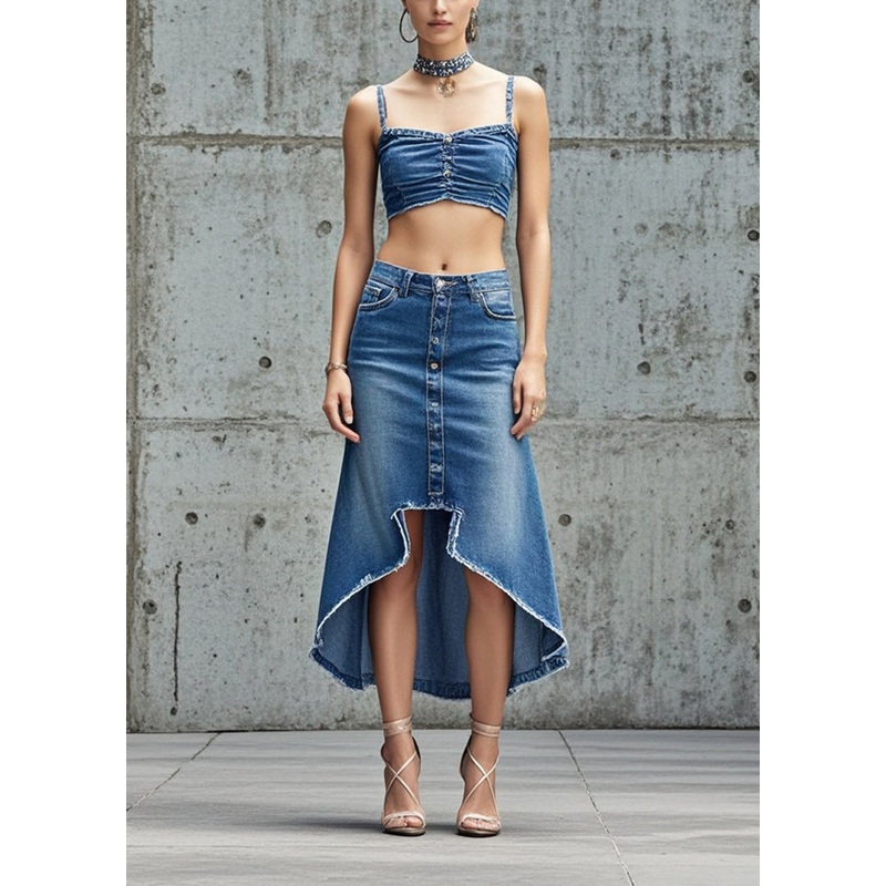 Silm Fit Blue Asymmetrical Design Denim Skirts Spring