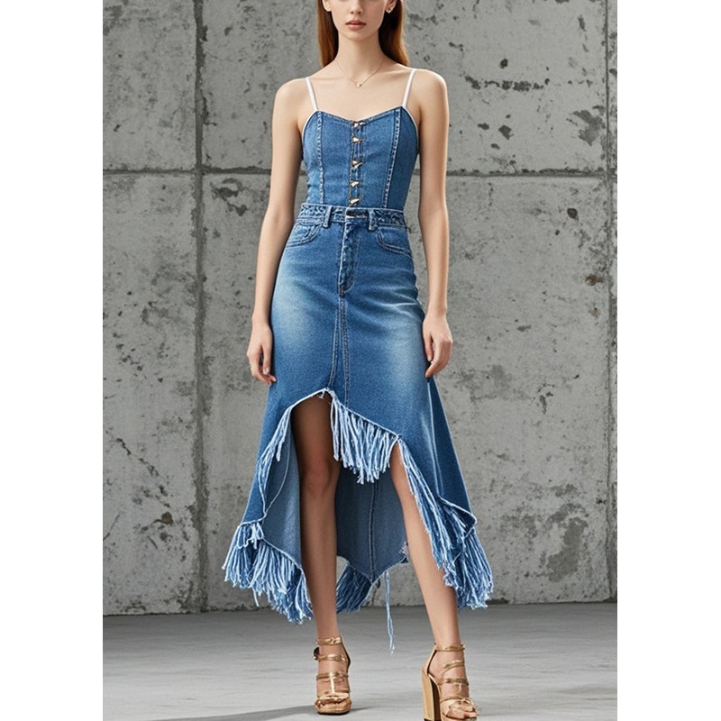 Silm Fit Blue Asymmetrical Tasseled Denim Vacation Skirt Spring