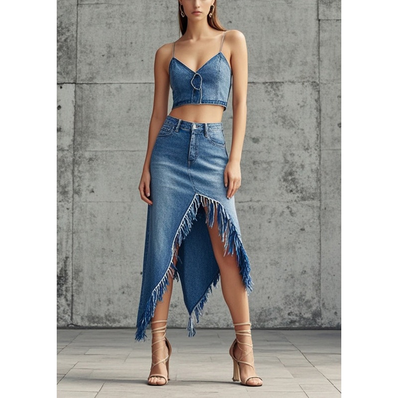 Style Blue Denim Wraped Skirts Asymmetrical Design Spring