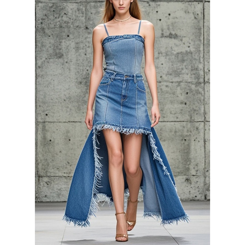 Stylish Blue Asymmetrical Exra Large Hem Denim Skirts Spring