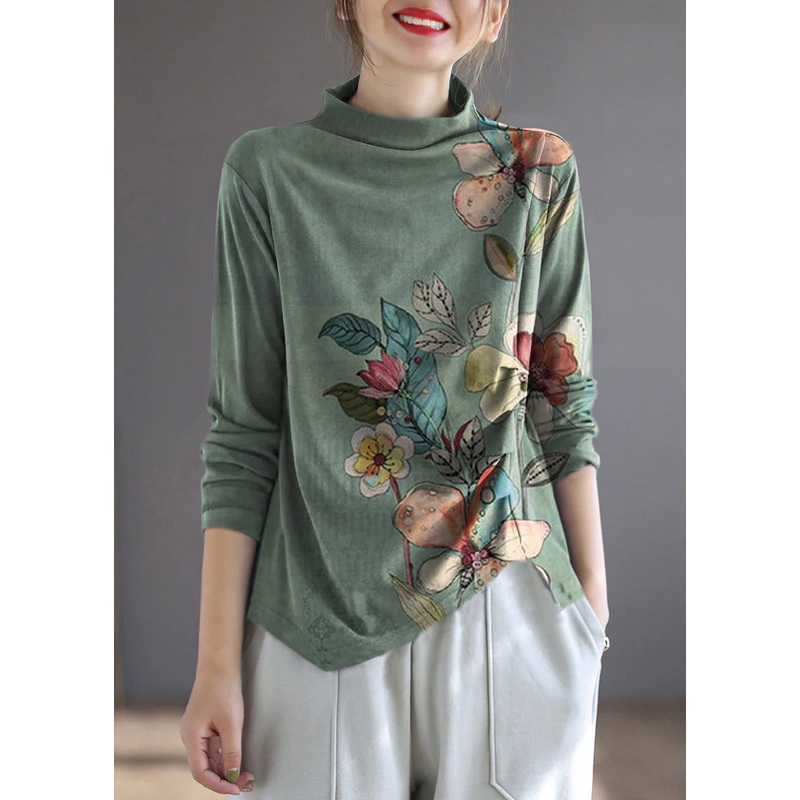 Vintage Blue Flowers Turtleneck asymmetrical design Patchwork Spring Tops