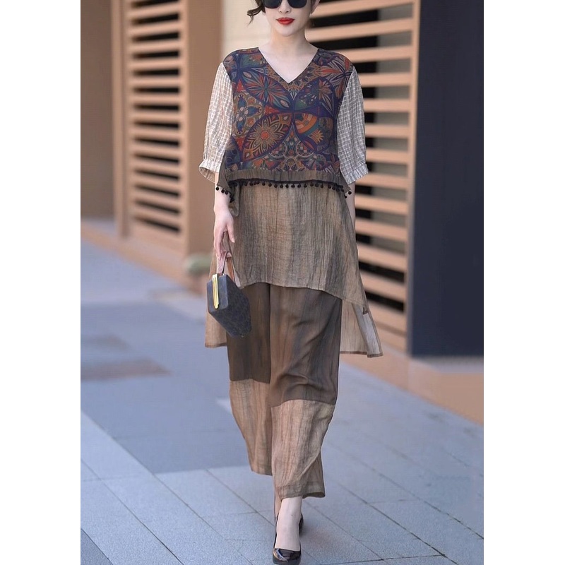 Vintage Coffee V Neck Low High Design Patchwork Silk Two Piece Set Half Sleeve