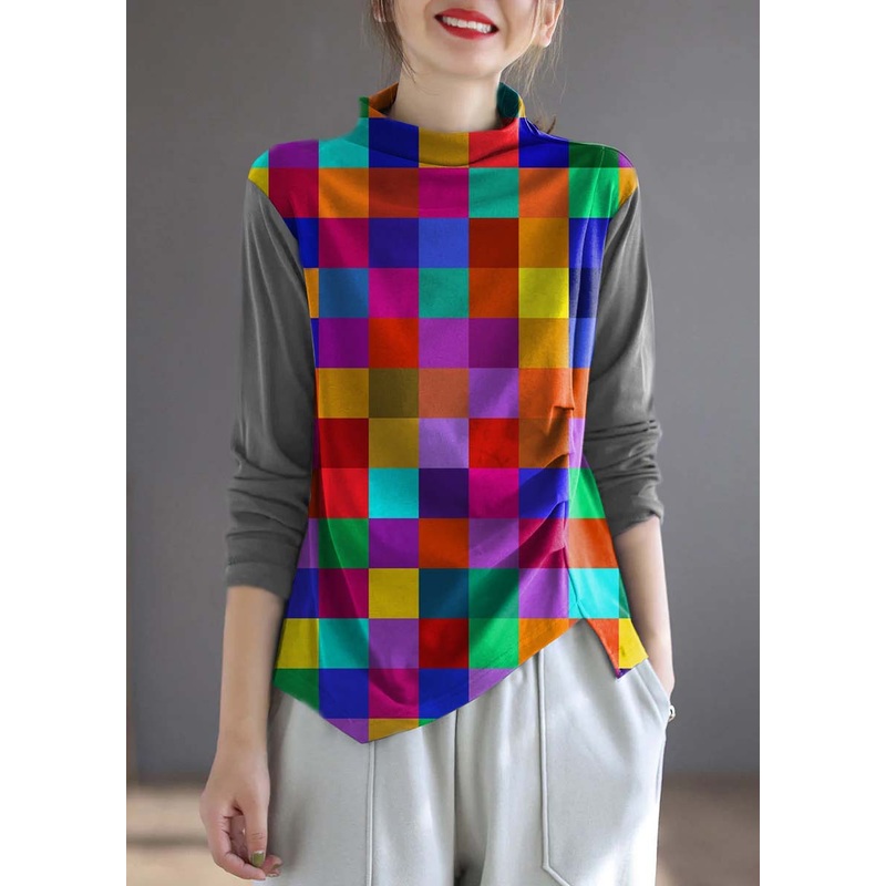 Vintage Colored Grid Turtleneck asymmetrical design Patchwork Spring Tops