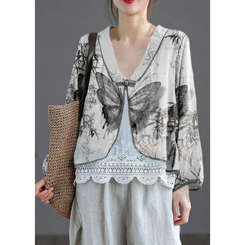 White flowers V Neck Embroideried Summer Ramie Cardigan Long Sleeve