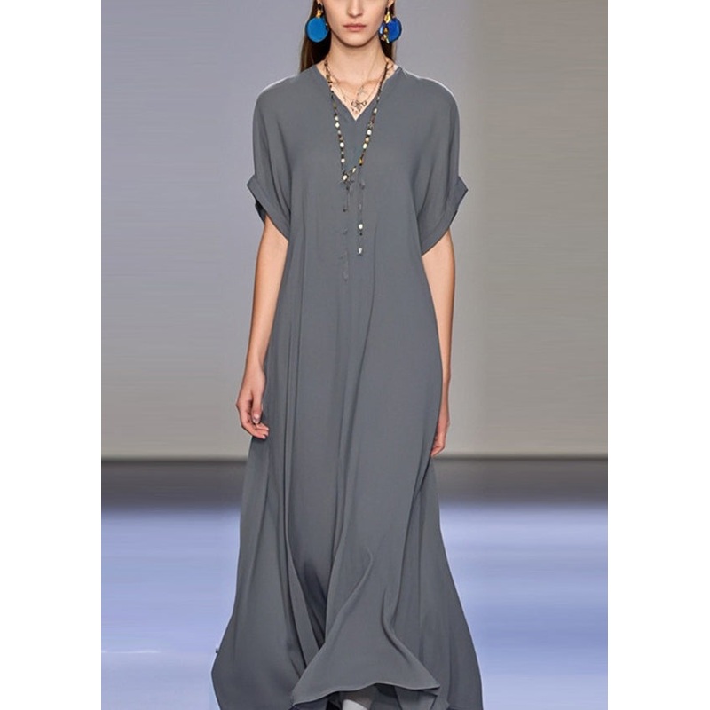 Art Dark Grey V Neck Draping Chiffon Maxi Dress Summer