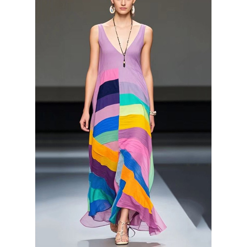 Art Light Purple Asymmetrical Patchwork Chiffon Maxi Dresses Summer