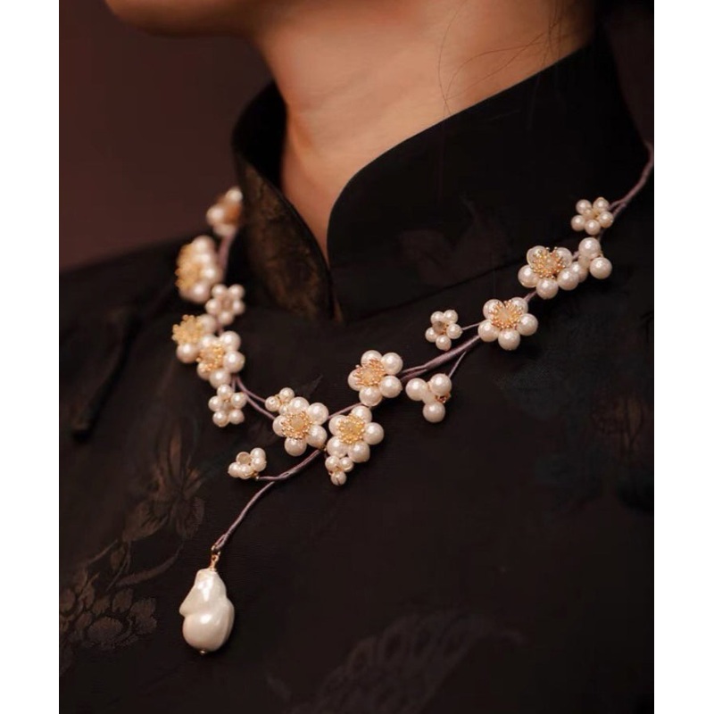 Beautiful Purple Weaving Pearl Floral Tassel Lariat Necklace