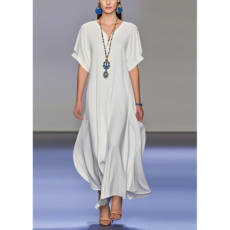 White Draping Chiffon Holiday Dress V Neck Summer