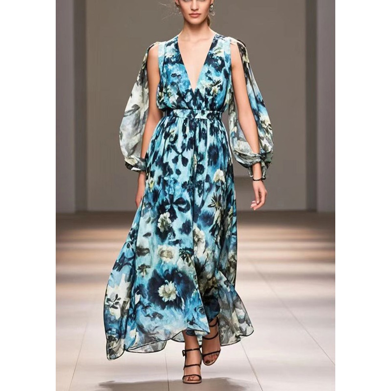 Women Blue Print Exra Large Hem Chiffon Long Dress Spring