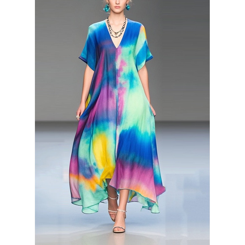Women Rainbow V Neck Tie Dye Chiffon Holiday Dress Summer