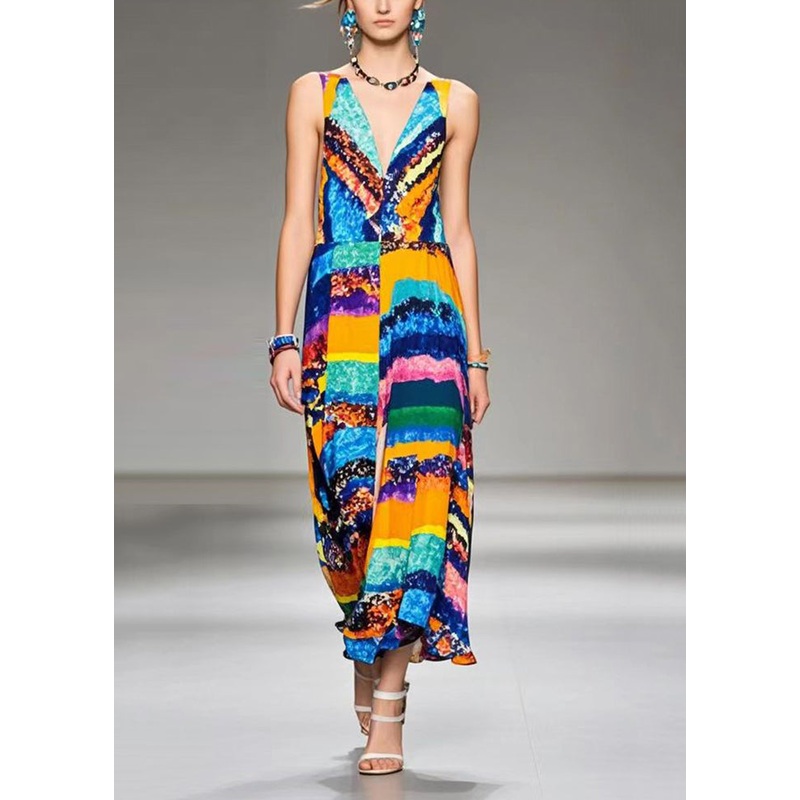 Women V Neck Print Chiffon Cami Dress Summer