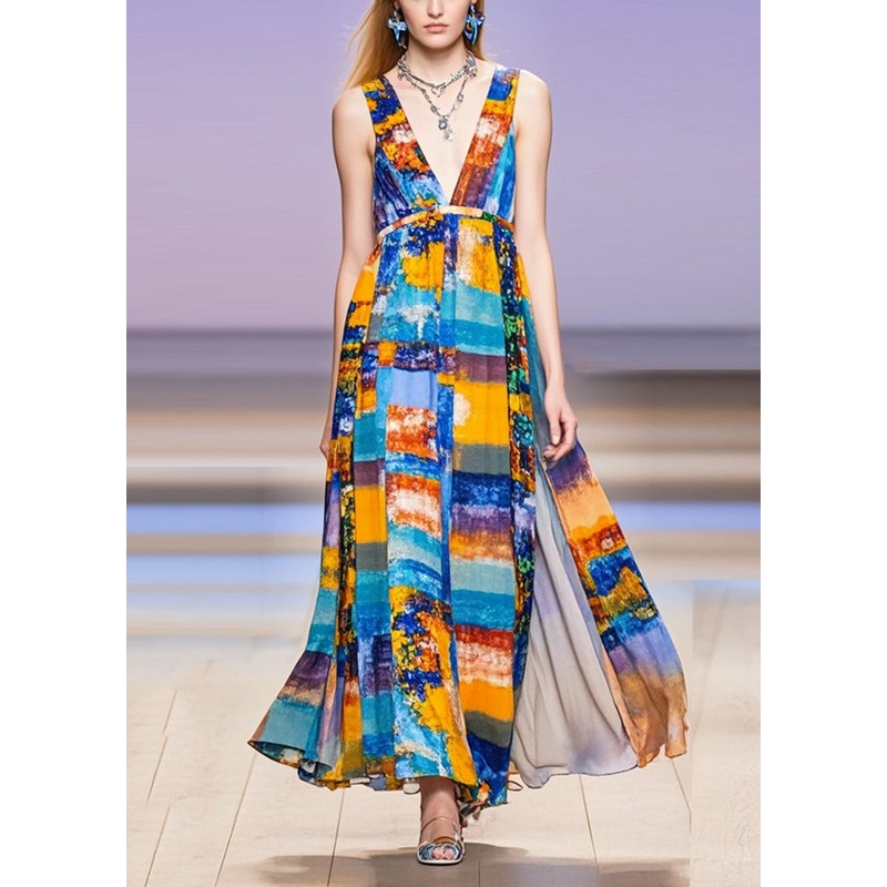 Women V Neck Print Chiffon Long Dress Sleeveless