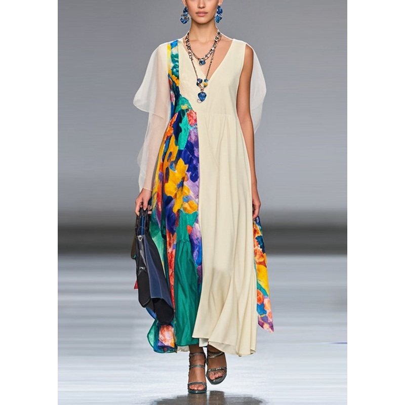 Women White Asymmetrical Patchwork Chiffon Long Dress Summer