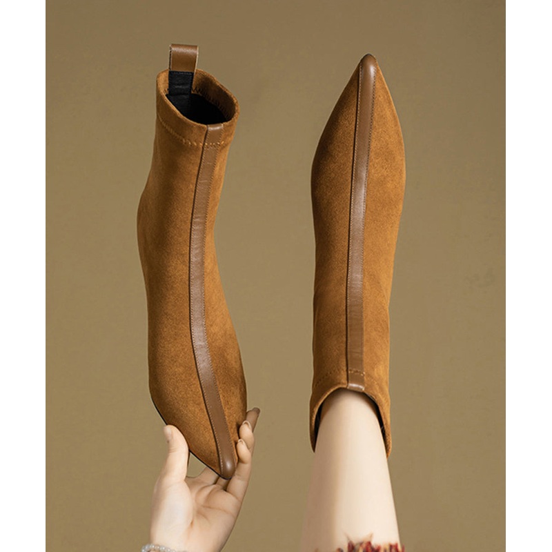 2025 Splicing Stiletto Boots Khaki Suede Pointed Toe