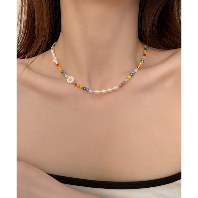 Art Rainbow Alloy Pearl Floral Beading Gratuated Bead Necklace