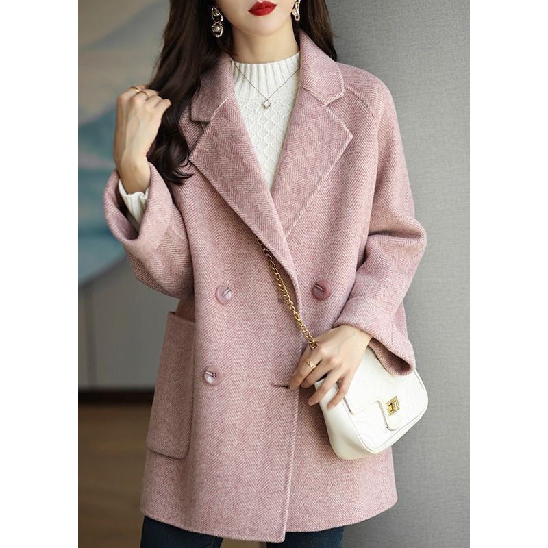 Beautiful Pink Peter Pan Collar Double Breast Pockets Woolen Coat Winter