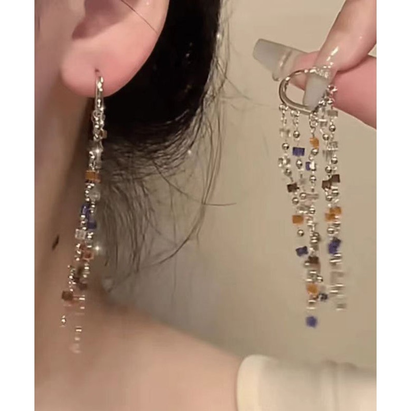 Beautiful Rainbow Metal Crystal Block Tassel Drop Earrings