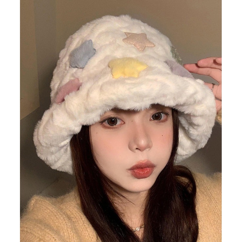 Beautiful White Patch Thick Warm Faux Fur Bucket Hat