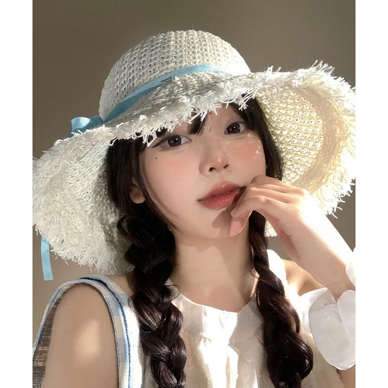 Boho Beige Bow Hollow Out Straw Woven Holiday Floppy Sun Hat