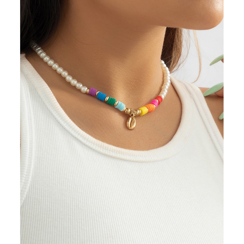 Boho White Alloy Pearl Beading Shell Gratuated Bead Necklace