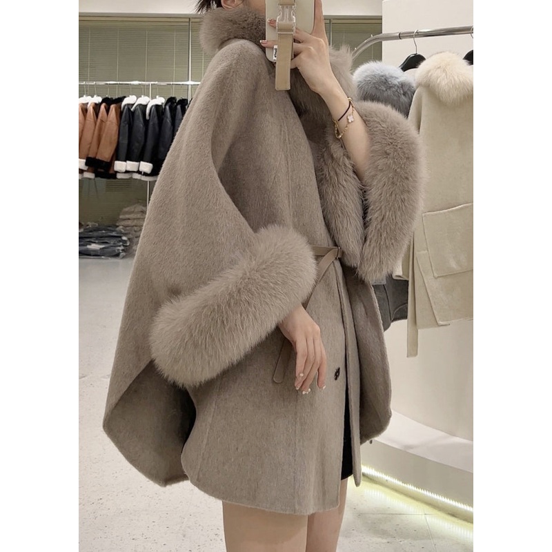 Boutique Light Camel Fur Collar Patchwork Cape Coat Winter