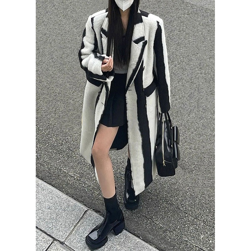 Casual Black White Striped Notched Button Woolen Maxi Coats Winter