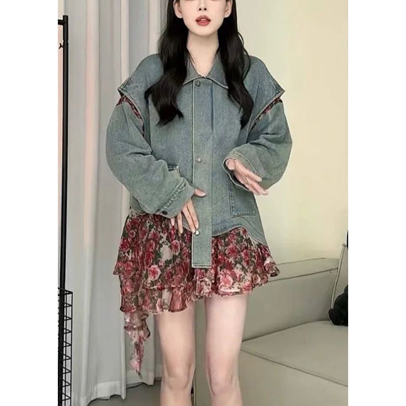 Casual Blue Peter Pan Collar Asymmetrical Print Print Denim Coat Spring